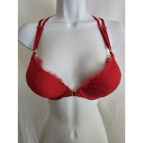 Victoria’s Secret Bombshell Plunge Bra Red Lace Strappy Back Front Close Sz 32C - Picture 1 of 12
